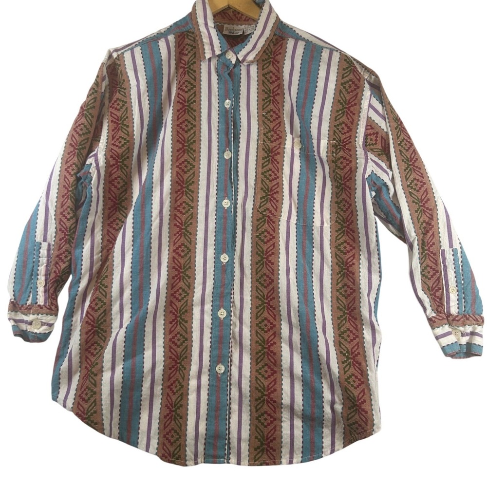Backroad Blues Womens 18W Cotton Southwestern Striped Button Down Shirt Boho 90s